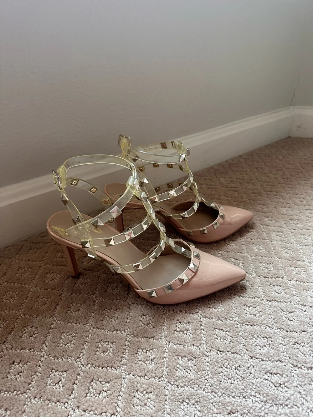 Mix No. 6 Blush Pink Patent Studded Strappy Pointed Heels